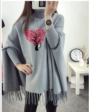 Women's Fleece Plain Poncha Heart Printed Cape Shawl