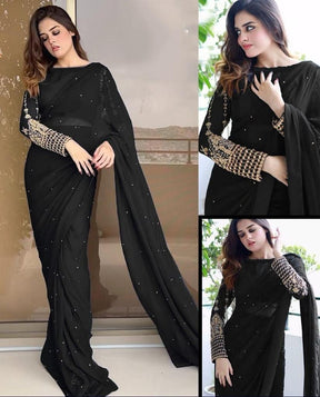 3 Pcs Women's Silk Chiffon Sequins Embroidered stitched Saree