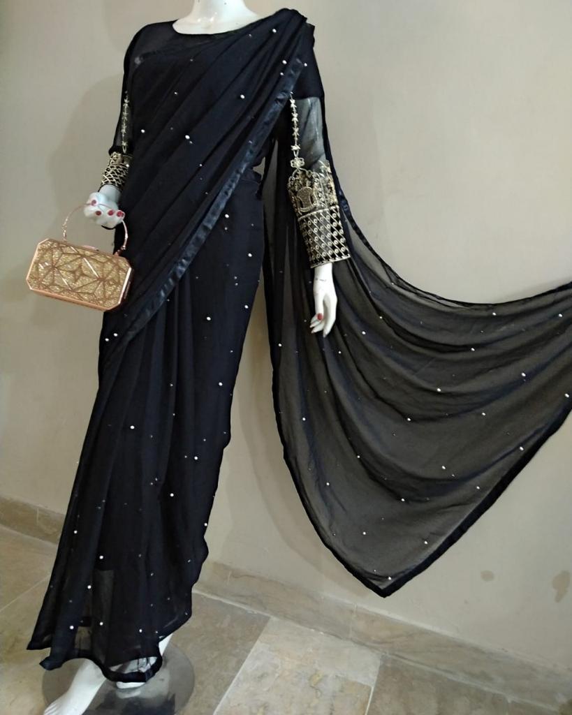 3 Pcs Women's Silk Chiffon Sequins Embroidered stitched Saree