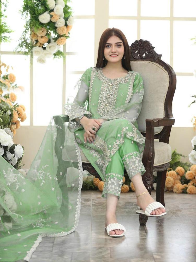 3 Pcs Women's Stitched Organza Embroidered Suit