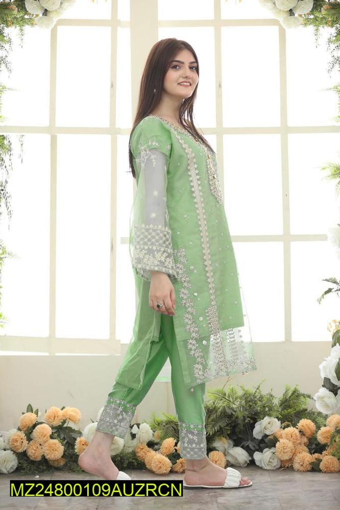 3 Pcs Women's Stitched Organza Embroidered Suit